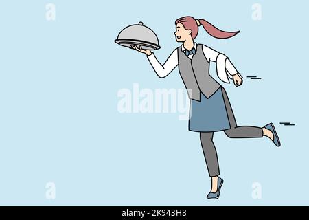 Smiling waitress in uniform bringing dish to client in restaurant. Happy female server with meal working in cafe. Good service concept. Vector illustration.  Stock Vector