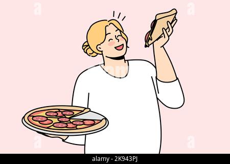 Happy overweight woman with pizza in hands enjoy fast food. Smiling fat female eating Italian food. Body positive. Vector illustration.  Stock Vector