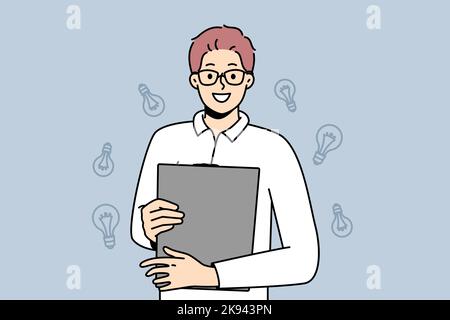 Smiling young man with folder in hands generate creative business ideas. Happy motivated guy in glasses holding paperwork document. Business and creativity. Vector illustration.  Stock Vector