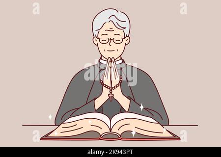 Calm priest in robe holding rosary praying with bible in church. Happy pastor pray to god in cathedral. Religion and faith. Vector illustration.  Stock Vector