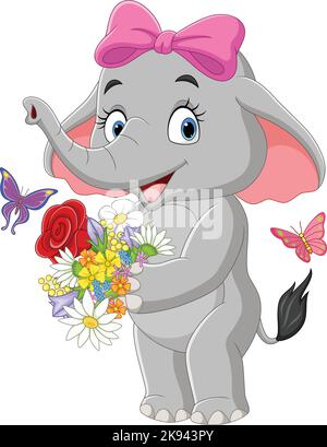 Cute Elephant Animal Holding Flower on Stalk - Stock Illustration  [81348318] - PIXTA