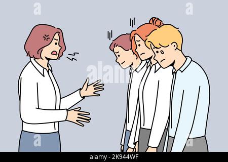 Furious businesswoman scream and scold stressed employees at workplace. Angry authoritarian female boss shout and lecture unhappy workers. Vector illustration.  Stock Vector
