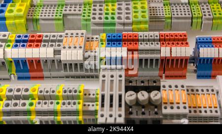 Close-up large electrical terminal block machine panel. Quick connect and release terminal connector. Stock Photo