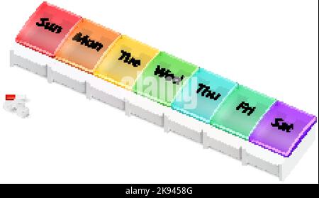 Illustration of Plastic Pharmacy Organizer for Pills for Each Day of the Week on White Background. A Weekly Medicine Dispenser Stock Vector
