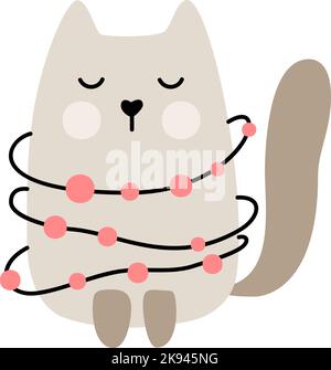 Cute baby cartoon vector cat wrapped in Christmas garland. Color doodle scandinavian style for new year. Graphic resource for graphic, content, banner Stock Vector