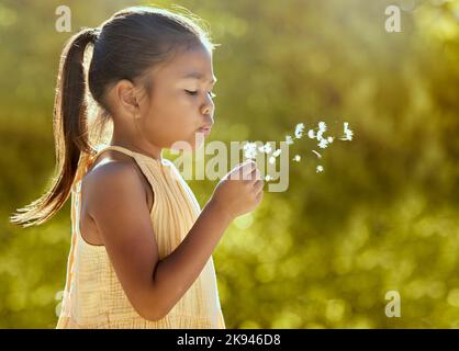 Child, girl or blowing dandelion flower in summer garden, nature park or sustainability environment in wish, hope or freedom. Kid, youth or field Stock Photo