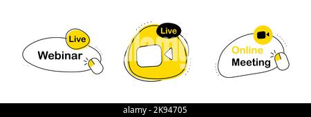 Live Webinar Label Icon Set. Stream line emblems Stock Vector