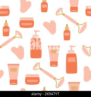 Seamless pattern with cosmetic products and gua sha face massage tools. Skin care equipment. Stock Vector