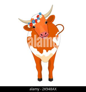 portrait of a cow with horns, a flower wreath on the horns of a brown cow with white spots. Stock Photo