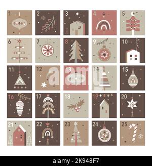 Christmas advent calendar with christmas elements. Stock Vector