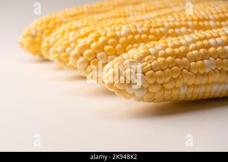 Yellow sweet corn isolated on white background. Copyspace. Stock Photo