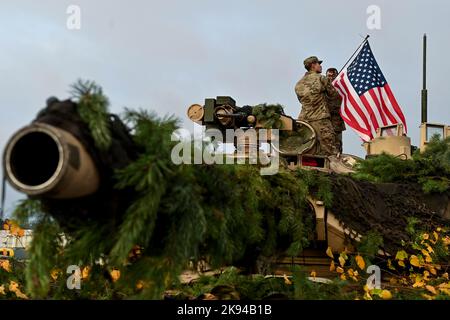 Pabrade. Belgium, 26 October 2022, Illustration picture shows the NATO Enhanced Forward Presence Battalion during the official state visit of the Belgian Royal Couple to the Republic of Lithuania, Wednesday 26 October 2022, in Pabrade. BELGA PHOTO DIRK WAEM Stock Photo