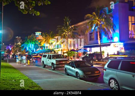 Miami Beach, USA - August 2, 2010: Night view at Ocean drive in Miami Beach, FL. 1979 Miami Beach's Art Deco Historic District was listed on the Natio Stock Photo
