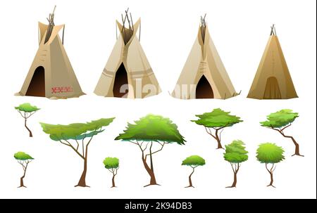 Indians wigwam hut made of felt and skins. Set of objects with trees. North American tribal dwelling. Traditional home of nomadic peoples. Isolated on Stock Vector