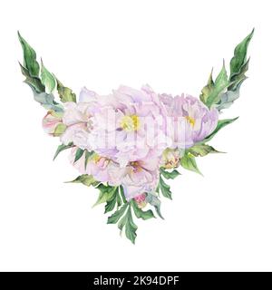 Watercolor circle frame arrangement with hand drawn delicate pink peony flowers, buds and leaves. Isolated on white background. For invitations Stock Photo