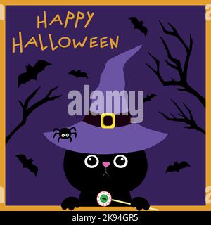 Halloween greeting card of black cat in hat with eye hard candy. Happy Halloween. Hand drawn vector art. Cat witch on purple background with branches Stock Vector