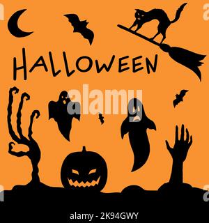 Halloween night view with ghosts, zombie's hands, black cat and bats. Black hand drawn spooky silhouettes on orange background. Halloween attributes. Stock Vector