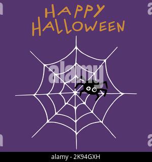 Black spider with web on purple background. Happy Halloween. Hand drawn Halloween attributes. Vector illustration