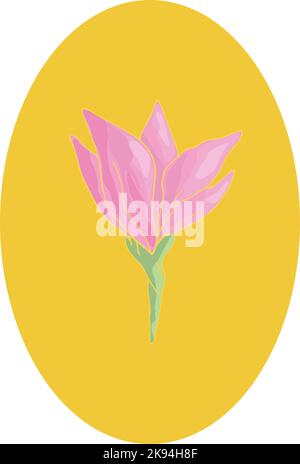 Hand drawn pink flower isolated on yellow oval. Botanical icon. Vector illustration Stock Vector