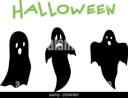 Halloween ghosts silhouette set. Isolated. Hand drawn. Happy Halloween Stock Vector