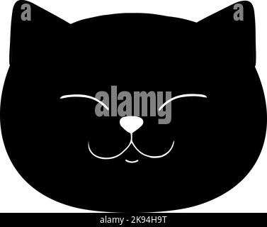 Smiling cat face hand drawn icon isolated on white background. Black cat on white. Vector art Stock Vector