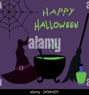 Witch cauldron with hat, potion and broom on purple background. Hand drawn Halloween attributes. Happy Halloween. Vector illustration Stock Vector