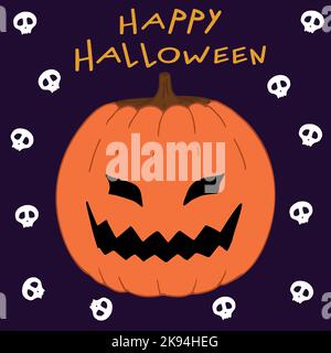 Creepy pumpkin with skulls on dark background. Happy Halloween. Hand drawn art. Hand drawn font. Vector illustration. Greeting card. Halloween design. Stock Vector