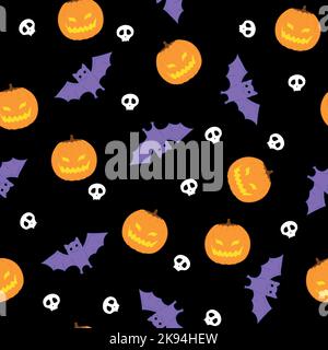 Purple bats, pumpkins and skull on dark background seamless pattern. Happy Halloween. Bright pattern for Halloween Stock Vector