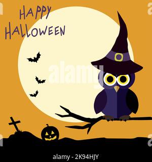 Owl in a hat sitting on a branch in front of cemetery and fullmoon view. Happy Halloween. Vector illustration Stock Vector