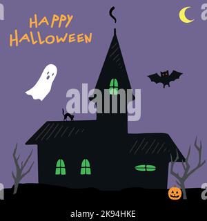 Witch house silhouette on purple background. Halloween elements. Happy Halloween. Hand drawn vector illustration Stock Vector