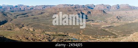 Panoramic view from hiking trail to the Wolfberg Cracks at Sanddrif in the Western Cape Cederberg, Sanddrif and Dwarsrivier are visible Stock Photo
