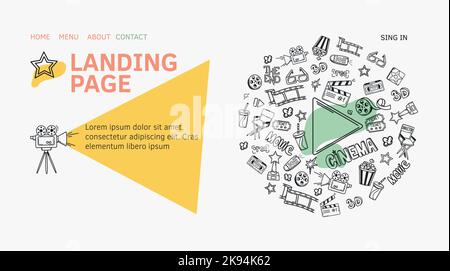 Cinema doodle landing page. Internet app for movie watching. Vector web banner with film production equipment. Website homepage with clapper, director chair, camera, glasses, ticket, drink and popcorn Stock Vector
