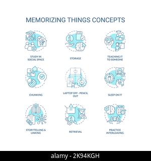 Memorizing things tips concept turquoise icons set Stock Vector