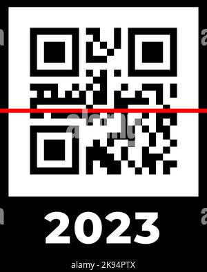 Real QR code 2023 numbers with red scan line. Happy New Year with covid vaccination barcode concept design template. Vector eps illustration for banner, poster, greeting card, invitation Stock Vector