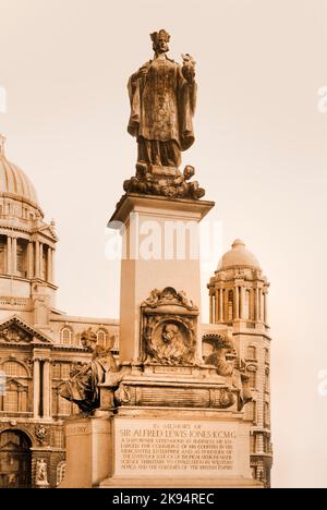 Vintage Liverpool, 1969, sepia image. Sir Alfred Lewis Jones memorial at the Pier Head, coarse grain effect Stock Photo