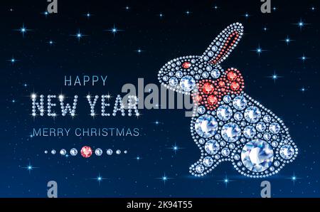 Easter bunny  with red bow. Made from gemstones diamonds with rhinestones isolated on a black background. Blue neon background. Vector illustration. Stock Vector