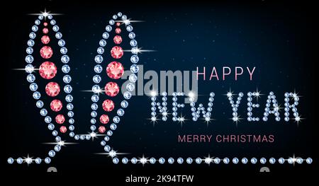 Banner with rabbit ears made of diamonds. Jewelry decorations for Christmas and New Year according to the Chinese calendar. On a neon blue background Stock Vector