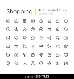 Shopping editable pixel ui icons set Stock Vector