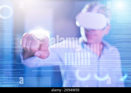 Digital vr headset or software, developer or coding user interface or UX program code on 3D data screen. Futuristic SSL language with metaverse IT man Stock Photo
