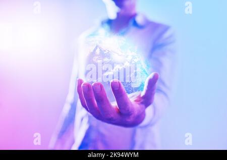 Planet hologram, digital globe and hand of man for futuristic 5g global connection network technology with earth icon. Future space map, innovative Stock Photo