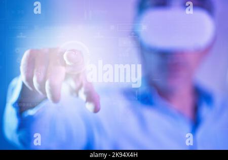 VR, metaverse and hand of a man with a futuristic experience, digital system and streaming with glasses in a neon room. Creative person, gamer or ai Stock Photo