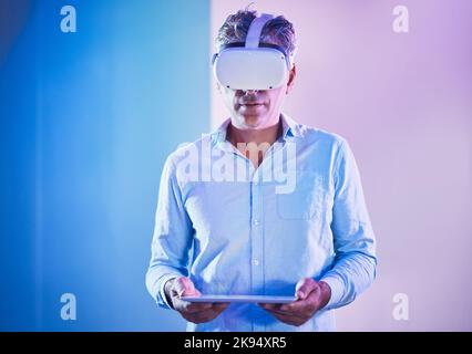 Man, vr or headset with tablet in studio for virtual reality, gaming or metaverse on internet. Businessman, elderly and AR for technology, future or Stock Photo