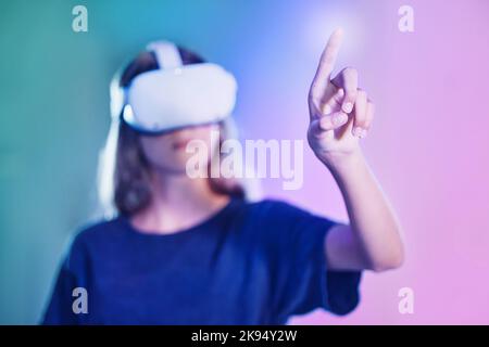 Woman hand with vr headset, ux technology and screen touching virtual reality ai system. Digital transformation in ai metaverse, web button on user Stock Photo