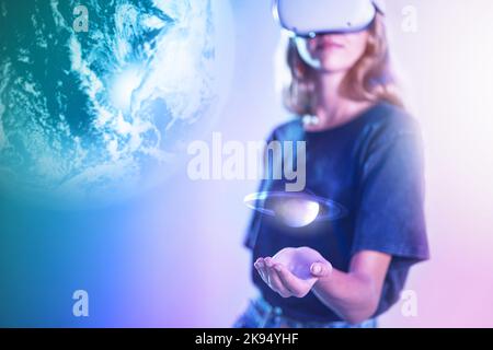Vr planet, double exposure overlay and gamer girl with space video game on virtual reality with headset high tech hologram of planet. Woman Stock Photo