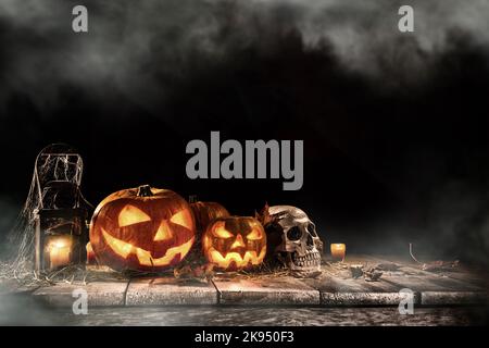 Halloween Pumpkin on old wooden table Halloween pumpkins on dark spooky forest with fog in background. Stock Photo