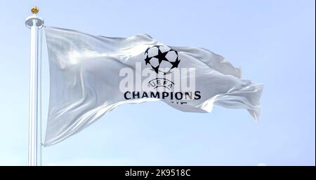 Istanbul TUR, July 2022: The UEFA Champions league flag waving on a clear day. Champion League is the most prestigious club competition in European fo Stock Photo