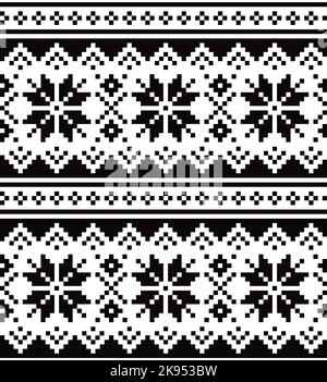 Christmas winter vector seamless black and white pattern with snowflakes, inspired by Sami people, Lapland folk art design, traditional knitting and e Stock Vector