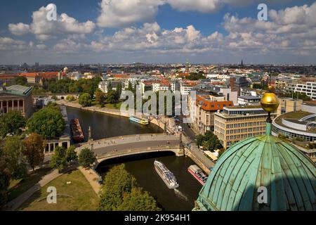 Raised view over a dome of the Berlin Cathedral onto river Spree with Friedrichs Bridge, Germany, Berlin Stock Photo