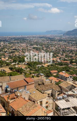 Italy, Sicily, Palermo. Monreale. View of Monreale and Palermo from the top of the Norman Cathedral. The sea is in the background. Stock Photo