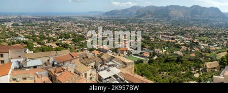 Italy, Sicily, Palermo. Monreale. View of Monreale and Palermo from the top of the Norman Cathedral. The Mediterranean Sea is in the background. Stock Photo